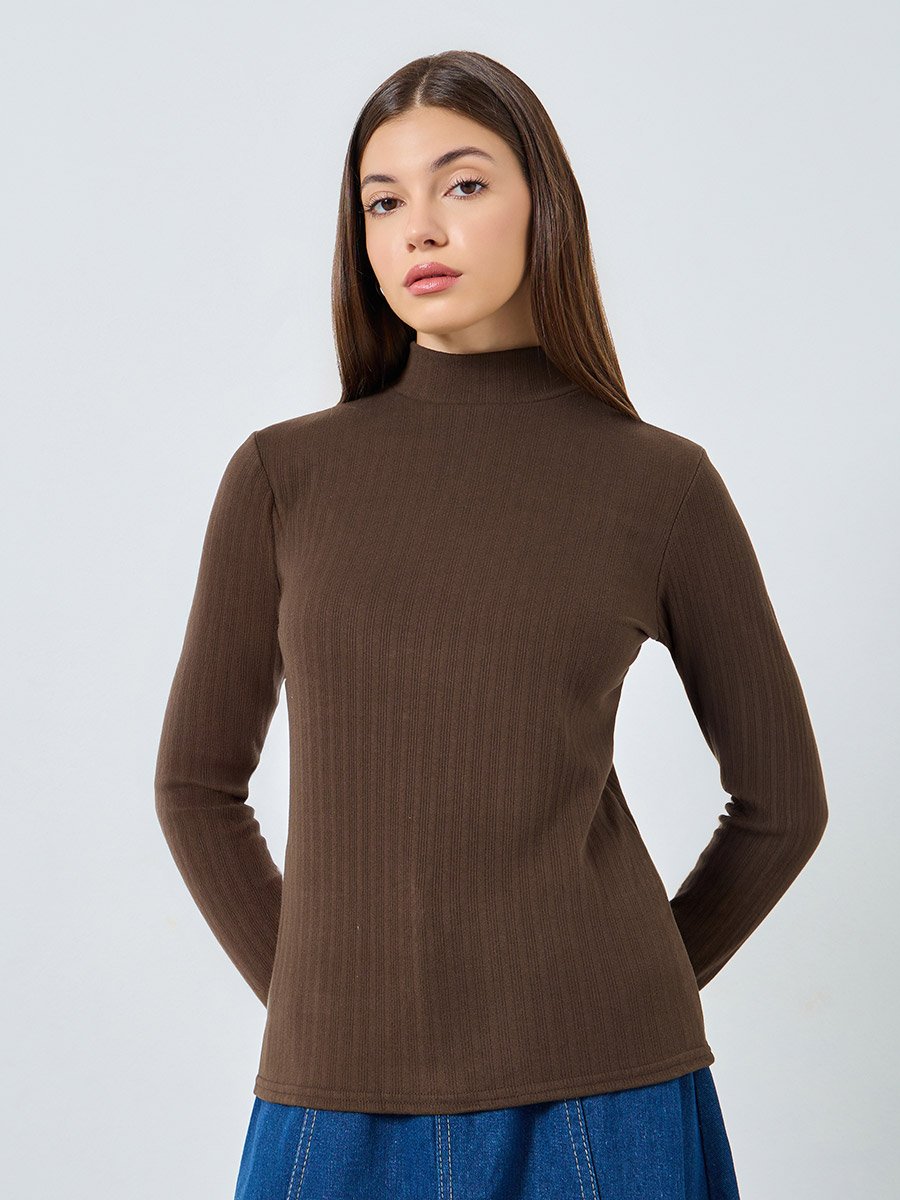 Brown Ribbed Knit Mock Neck Top