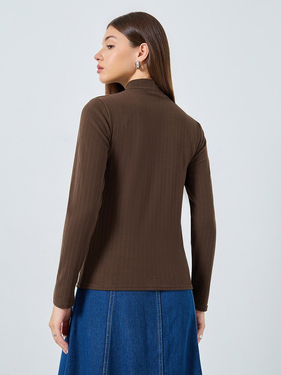 Brown Ribbed Knit Mock Neck Top