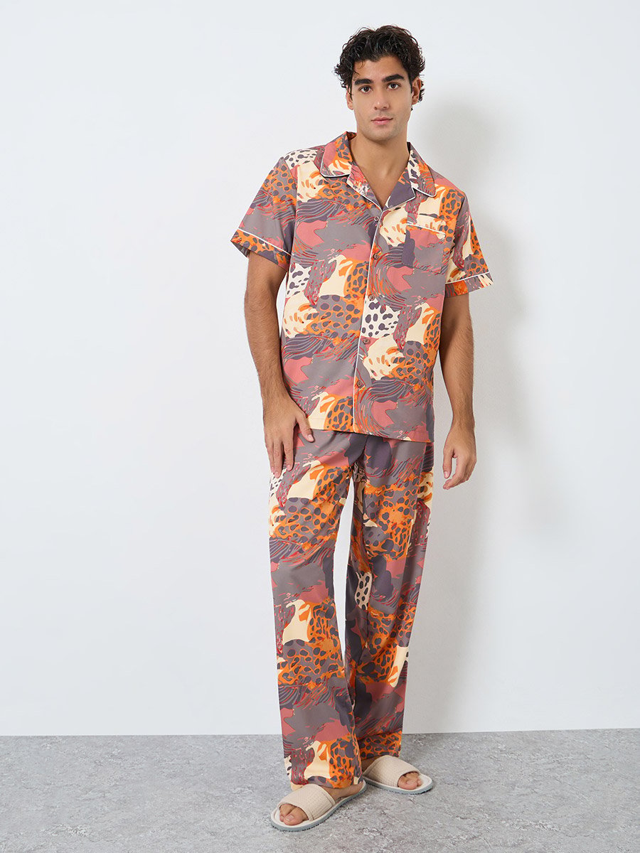 Men Abstract Print Relaxed Fit Shirt and Pyjama Set