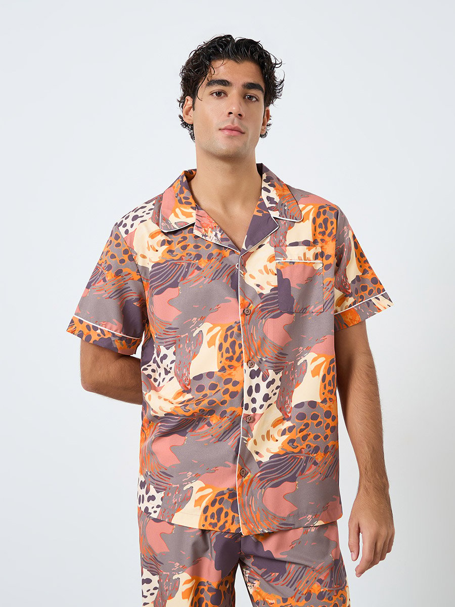 Men Abstract Print Relaxed Fit Shirt and Pyjama Set