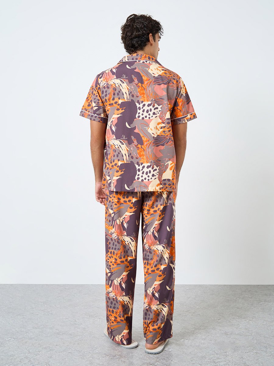 Men Abstract Print Relaxed Fit Shirt and Pyjama Set