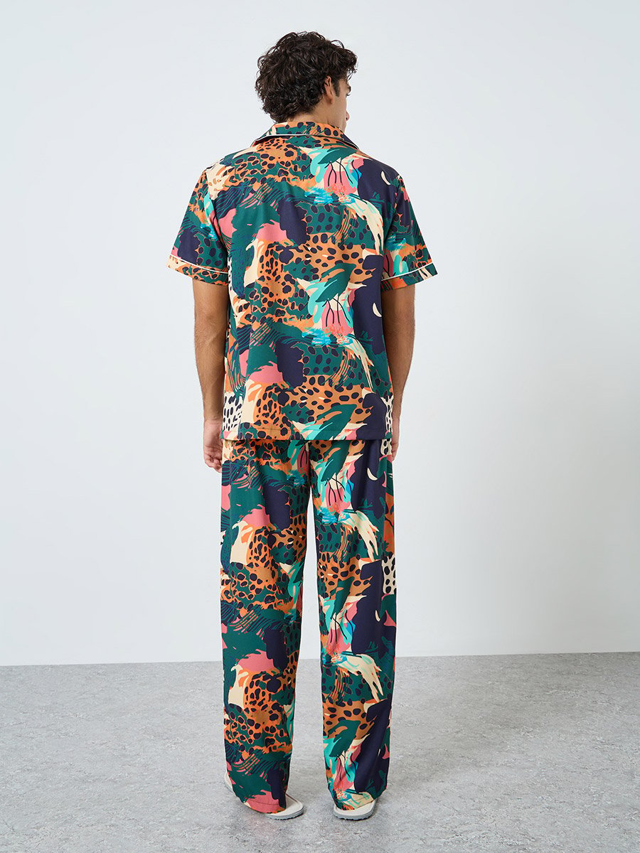 Men Abstract Print Relaxed Fit Shirt and Pyjama Set