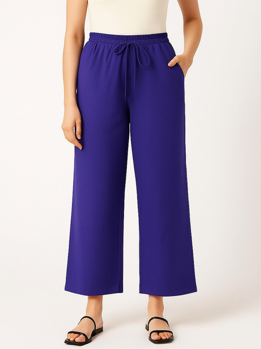Women Blue Wide Leg Drawstring Pants