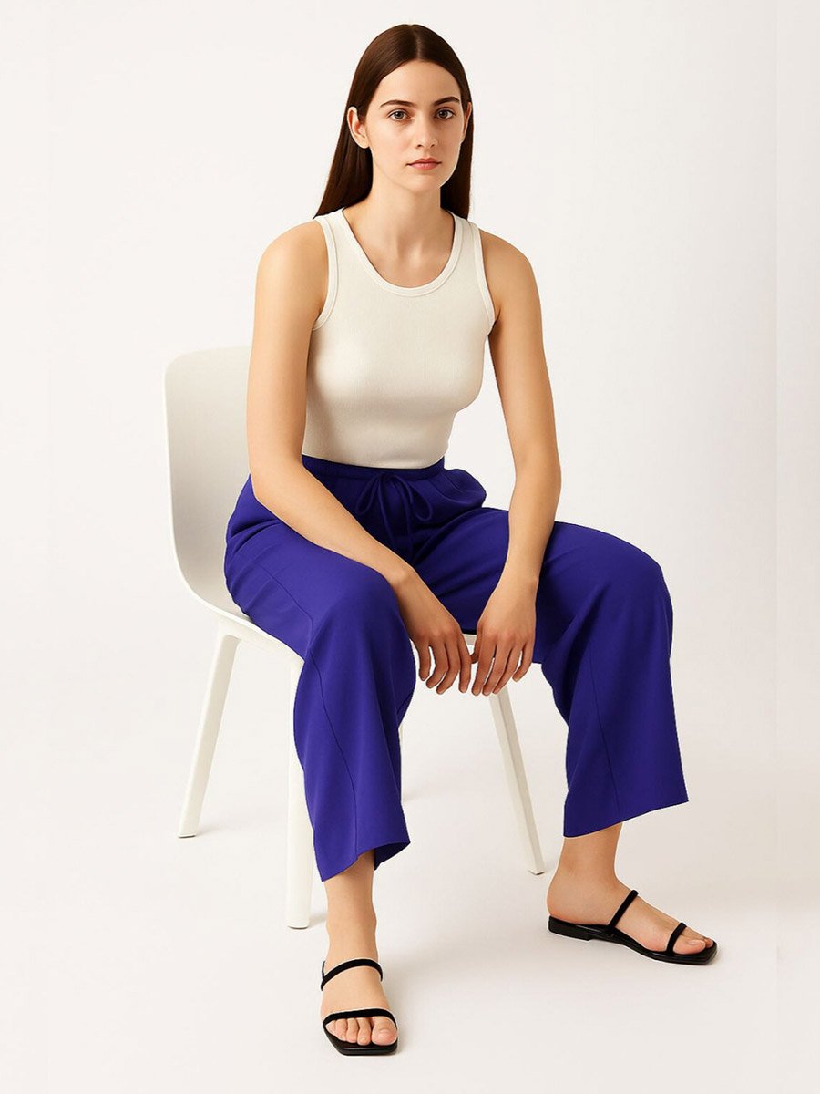Women Blue Wide Leg Drawstring Pants