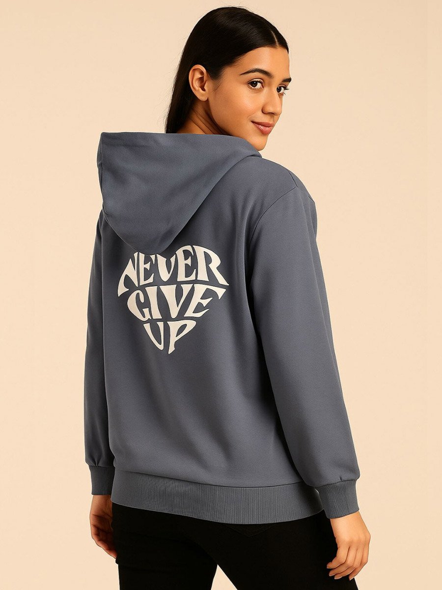 Women Regular Fit Slogan Print Hoodie