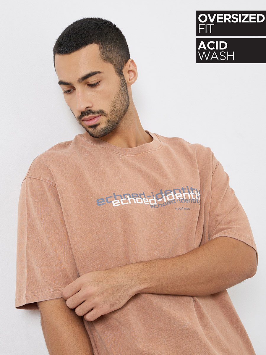 Men Coffee Brown Slogan Print Oversized T-Shirt