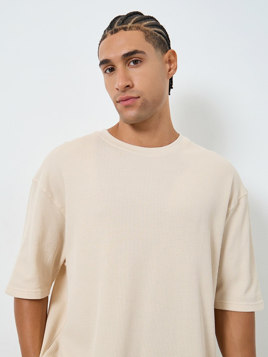 Men Beige Waffle Knit Oversized T-Shirt