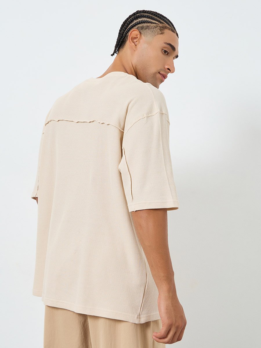 Men Beige Waffle Knit Oversized T-Shirt