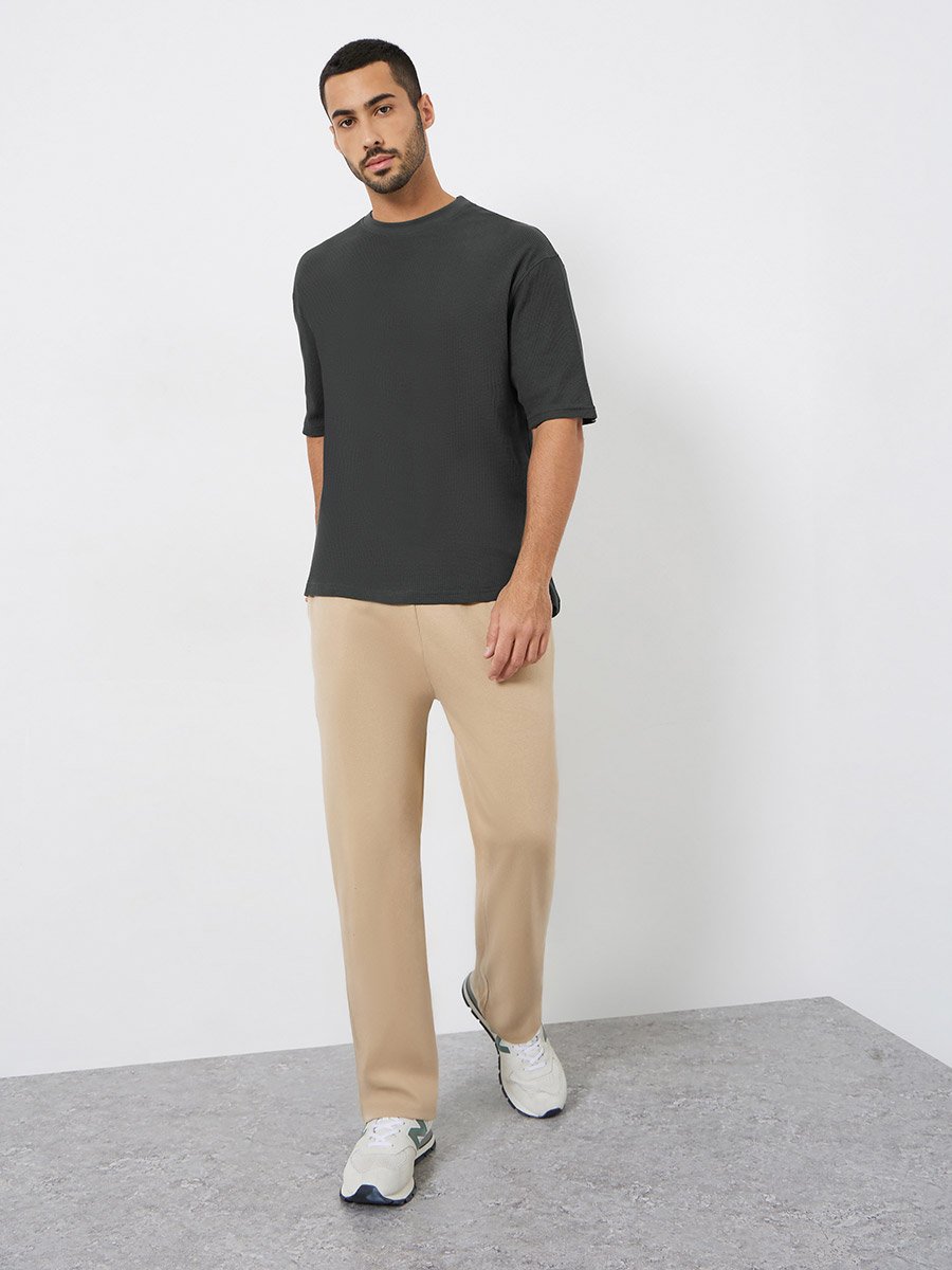 Men Charcoal Waffle Knit Oversized T-Shirt