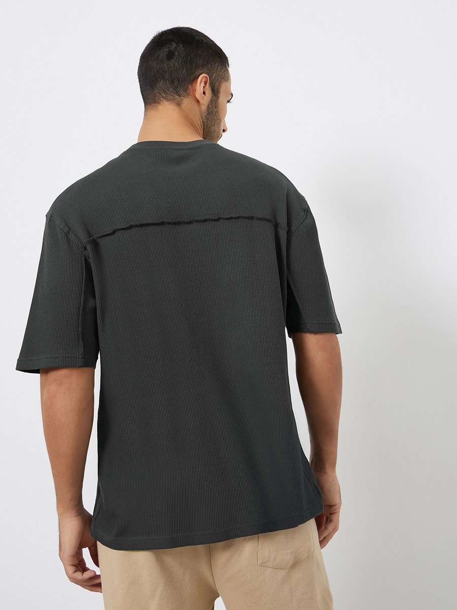 Men Charcoal Waffle Knit Oversized T-Shirt