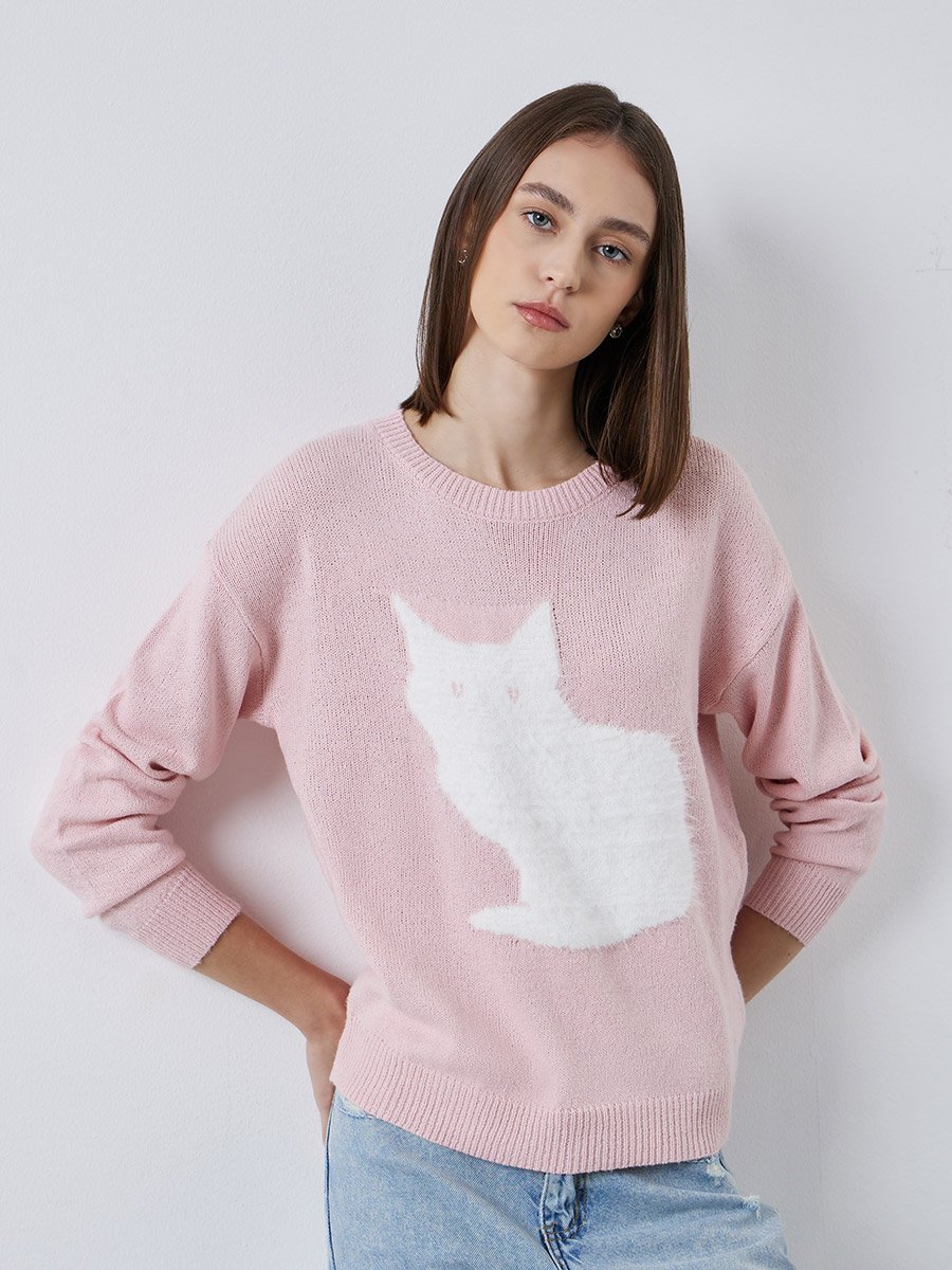 Pink Regular Fit Kitten Pattern Sweater