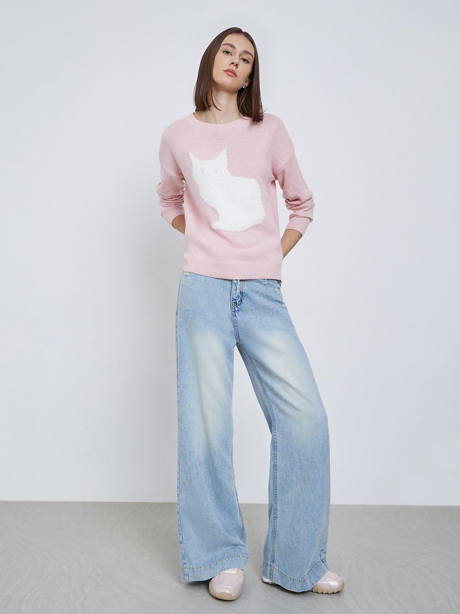 Pink Regular Fit Kitten Pattern Sweater