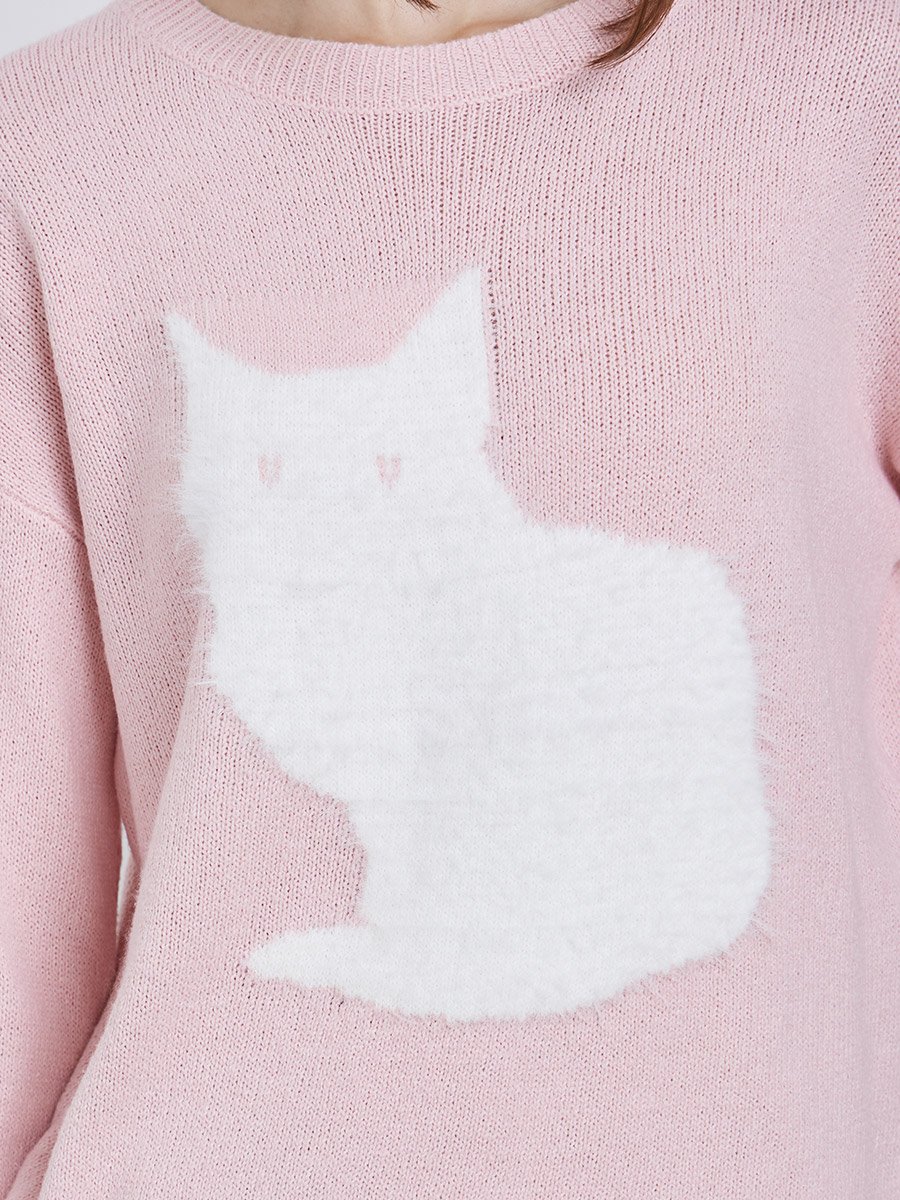 Pink Regular Fit Kitten Pattern Sweater