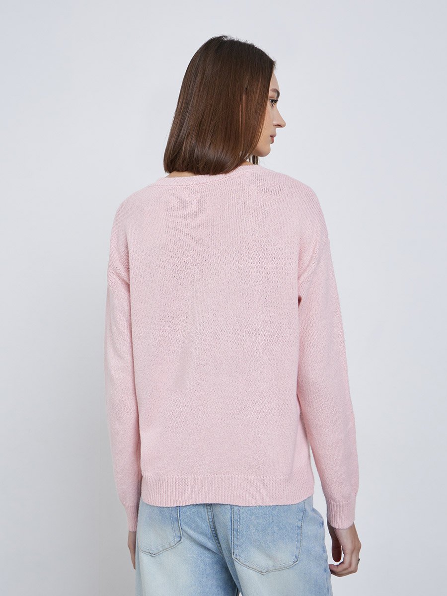 Pink Regular Fit Kitten Pattern Sweater