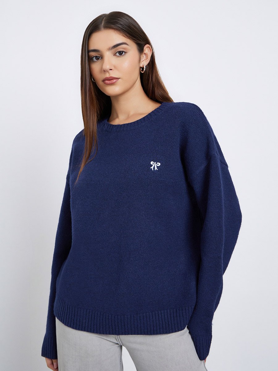 Navy Blue Regular Fit Knitted Sweater