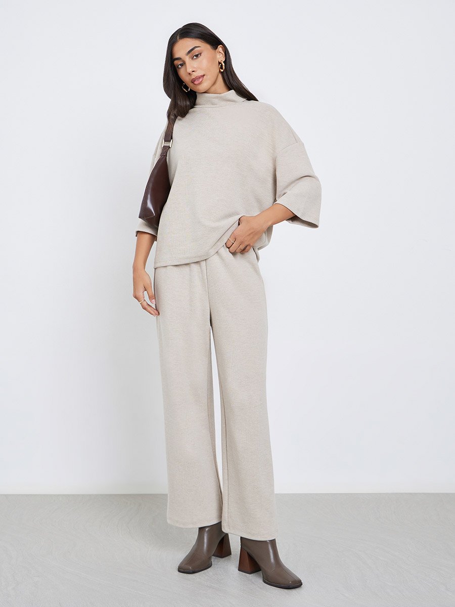 Beige Oversized Winter Knit Top and Pants Co-Ords