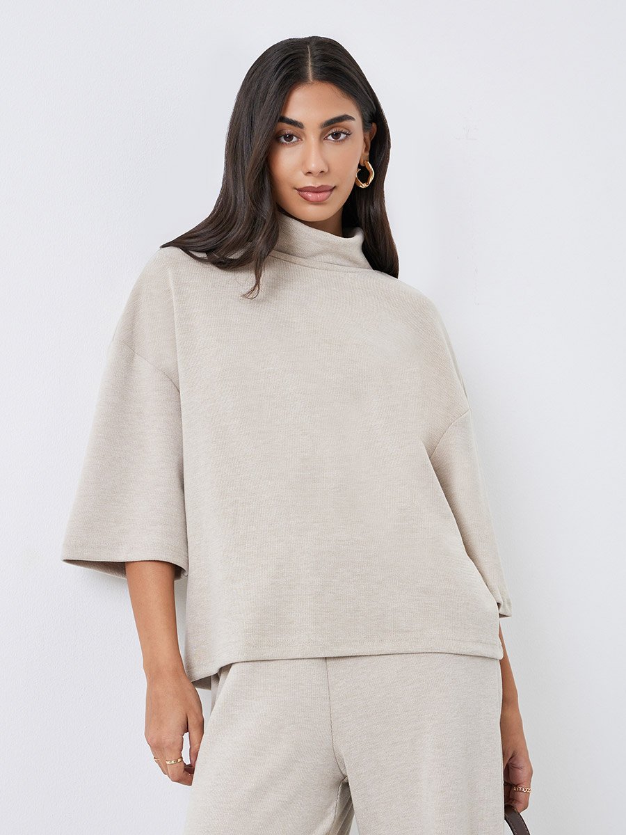 Beige Oversized Winter Knit Top and Pants Co-Ords