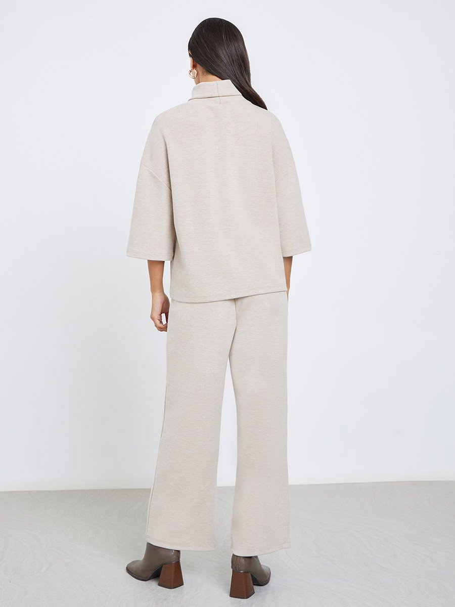 Beige Oversized Winter Knit Top and Pants Co-Ords