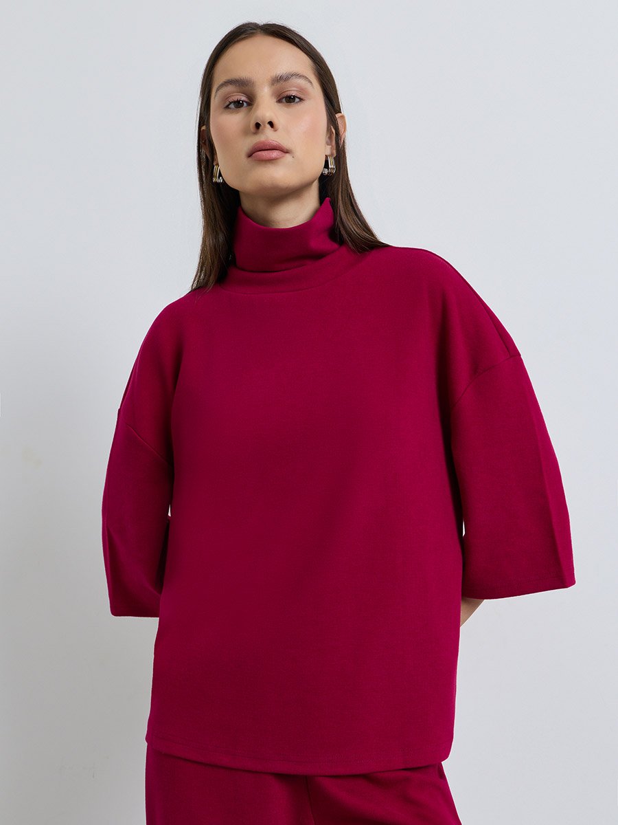 Burgundy Oversized Winter Knit Top and Pants Co-Ords