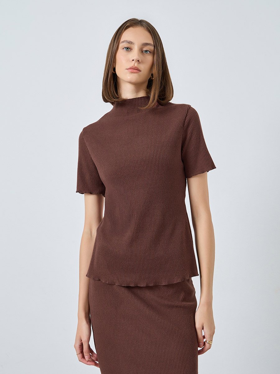 Brown Ribbed Knit Top and Skirt Co-ords