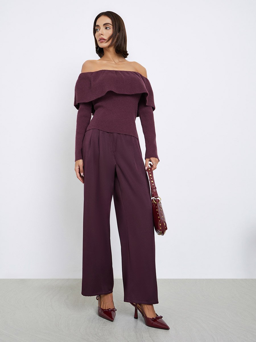 Burgundy Wide Leg Trousers with Pockets