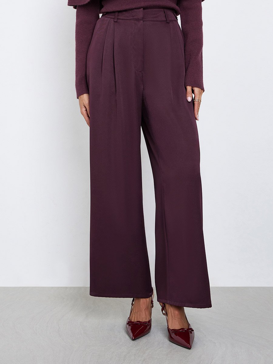 Burgundy Wide Leg Trousers with Pockets