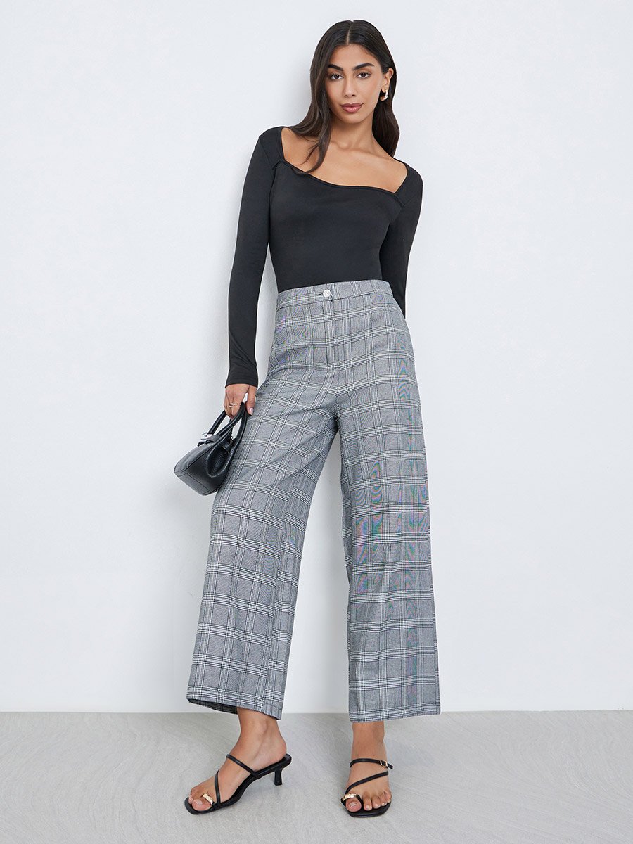 Grey Checked Wide Leg Trousers