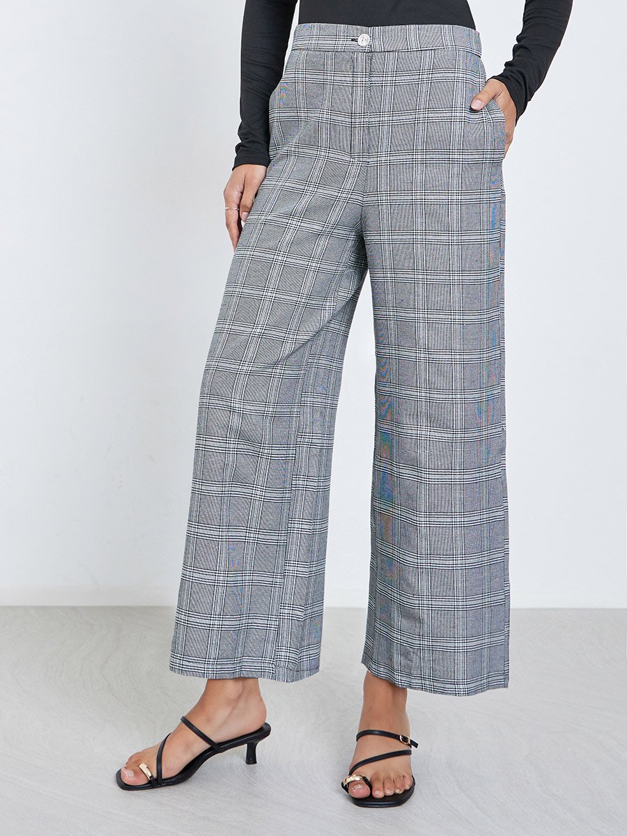 Grey Checked Wide Leg Trousers