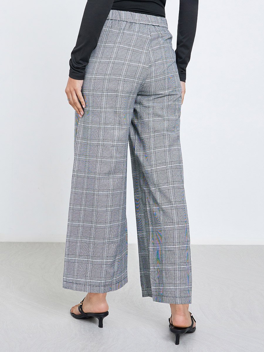 Grey Checked Wide Leg Trousers