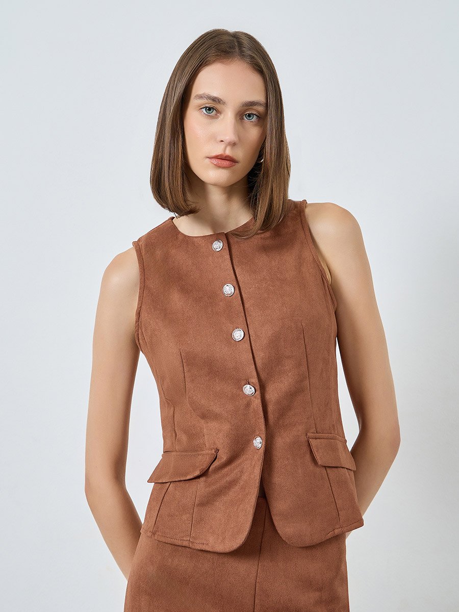 Sleeveless Suede Look Waistcoat