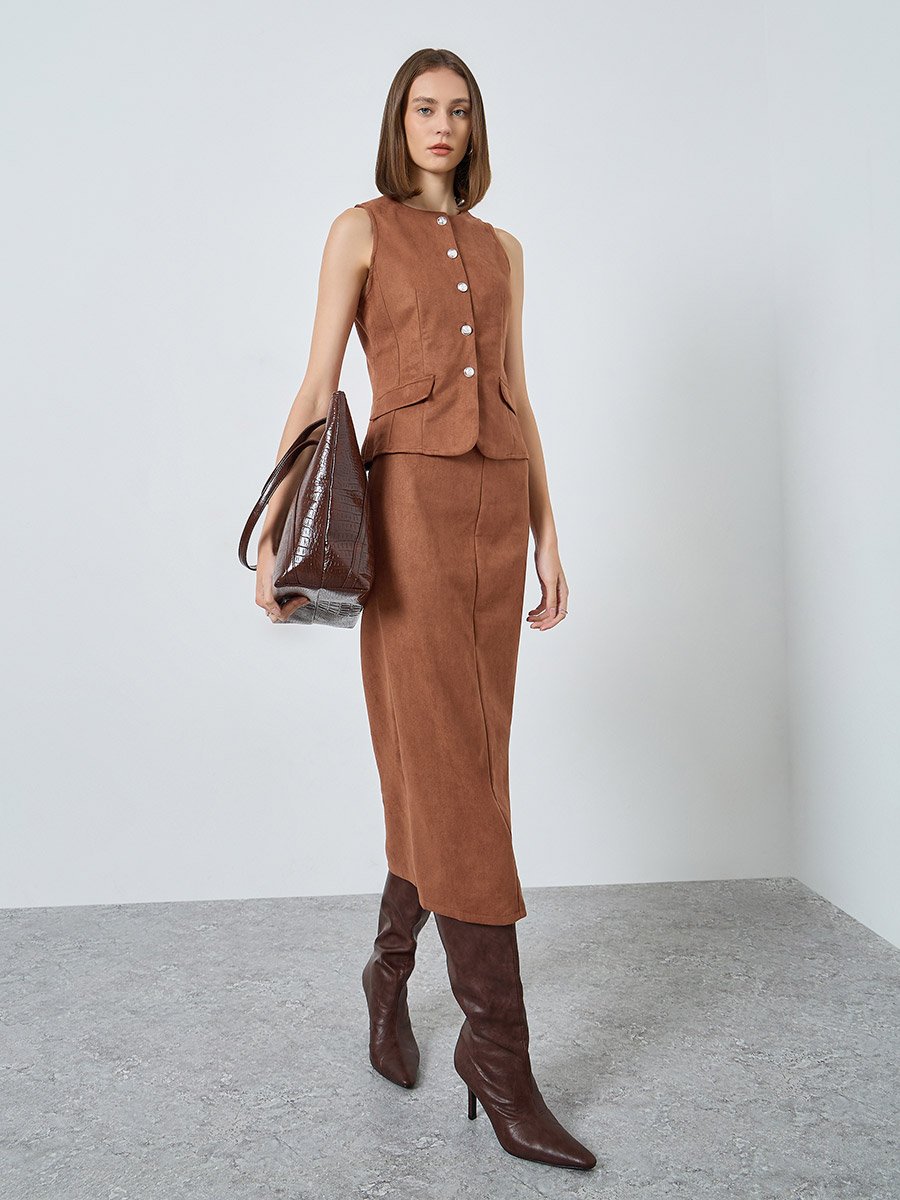 Brown Suede A-Line Midi Skirt 
