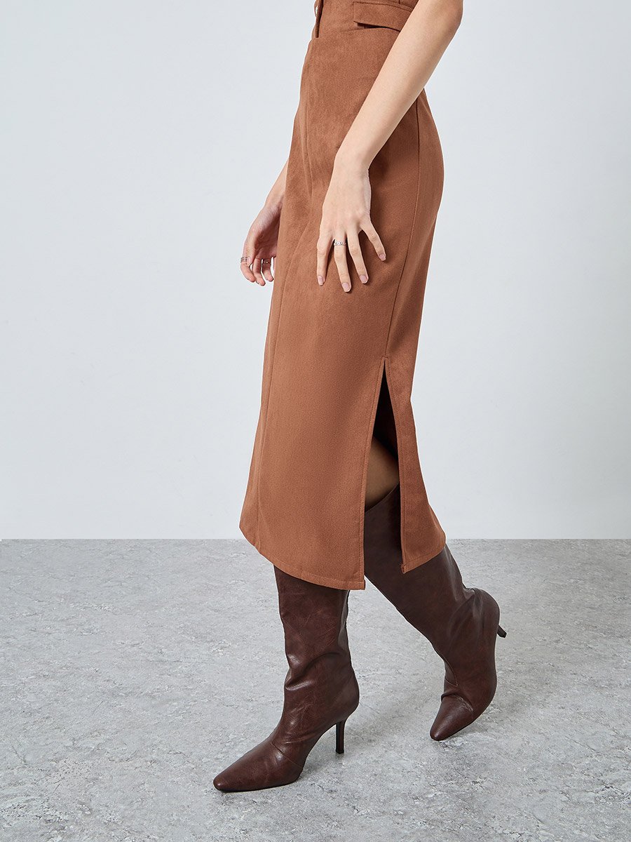 Brown Suede A-Line Midi Skirt 