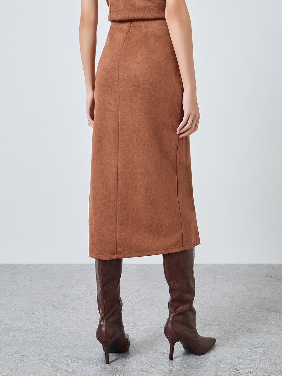 Brown Suede A-Line Midi Skirt 