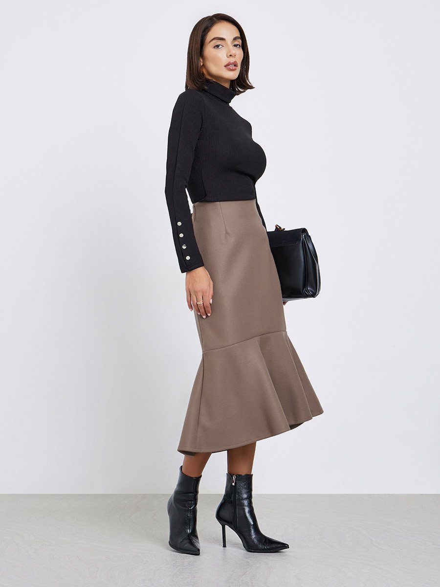 Women Brown Plain Wool Like Midi Fit and Flare Skirt
