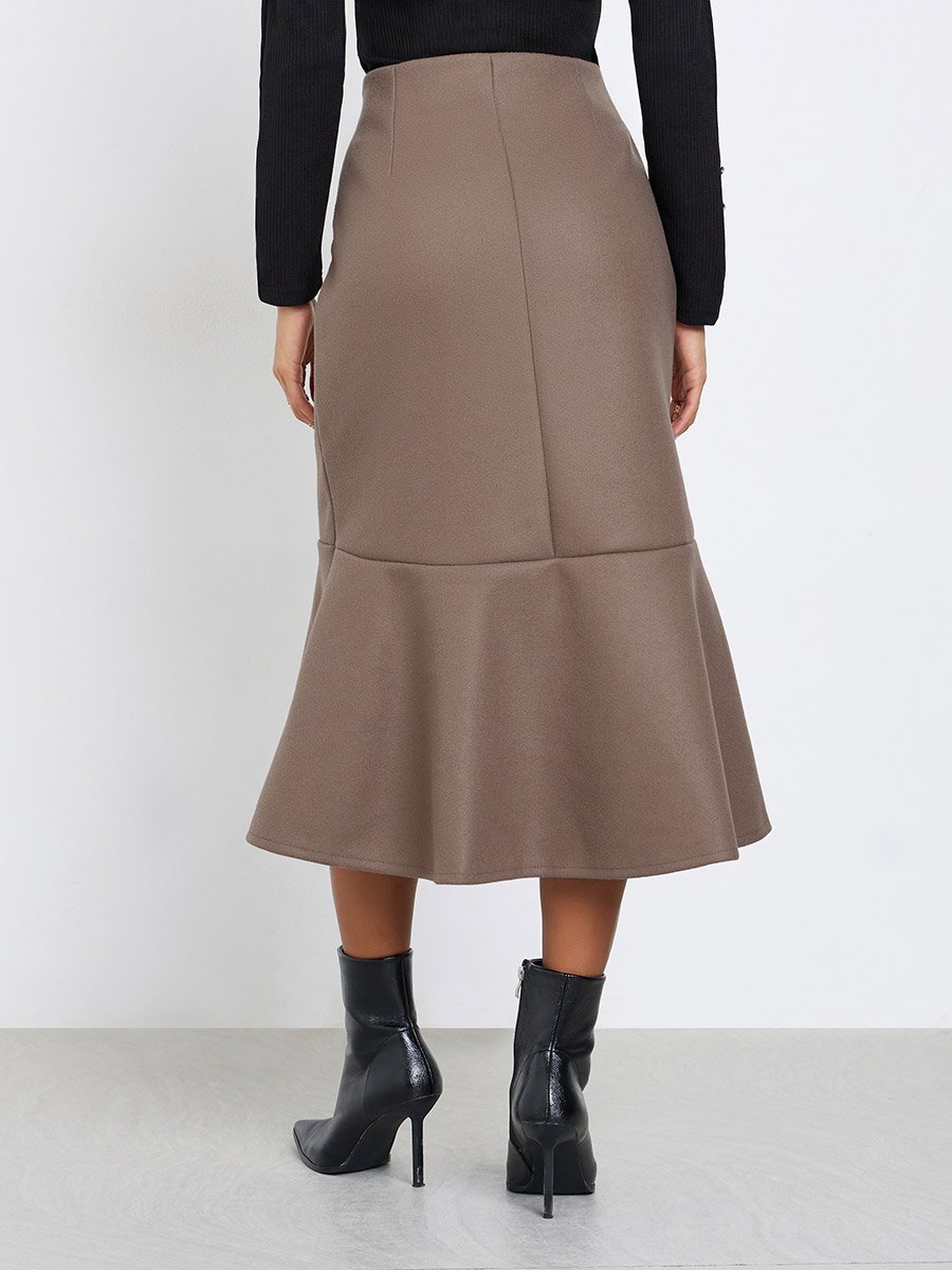 Women Brown Plain Wool Like Midi Fit and Flare Skirt