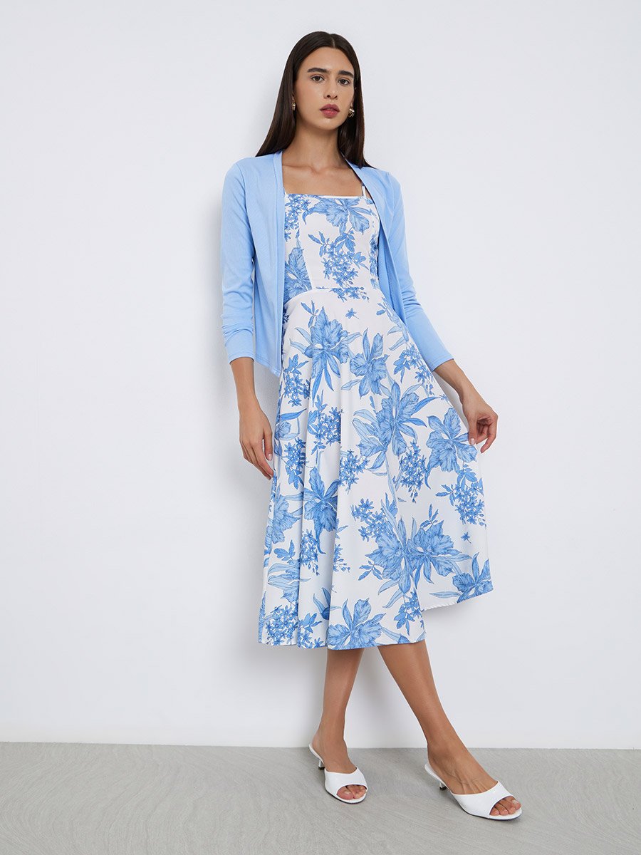 Ribbed Texture Cardigan and Floral Print Cami Dress Co-Ords
