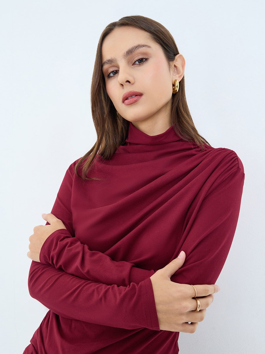 Burgundy Long Sleeve Ruching Detail Top