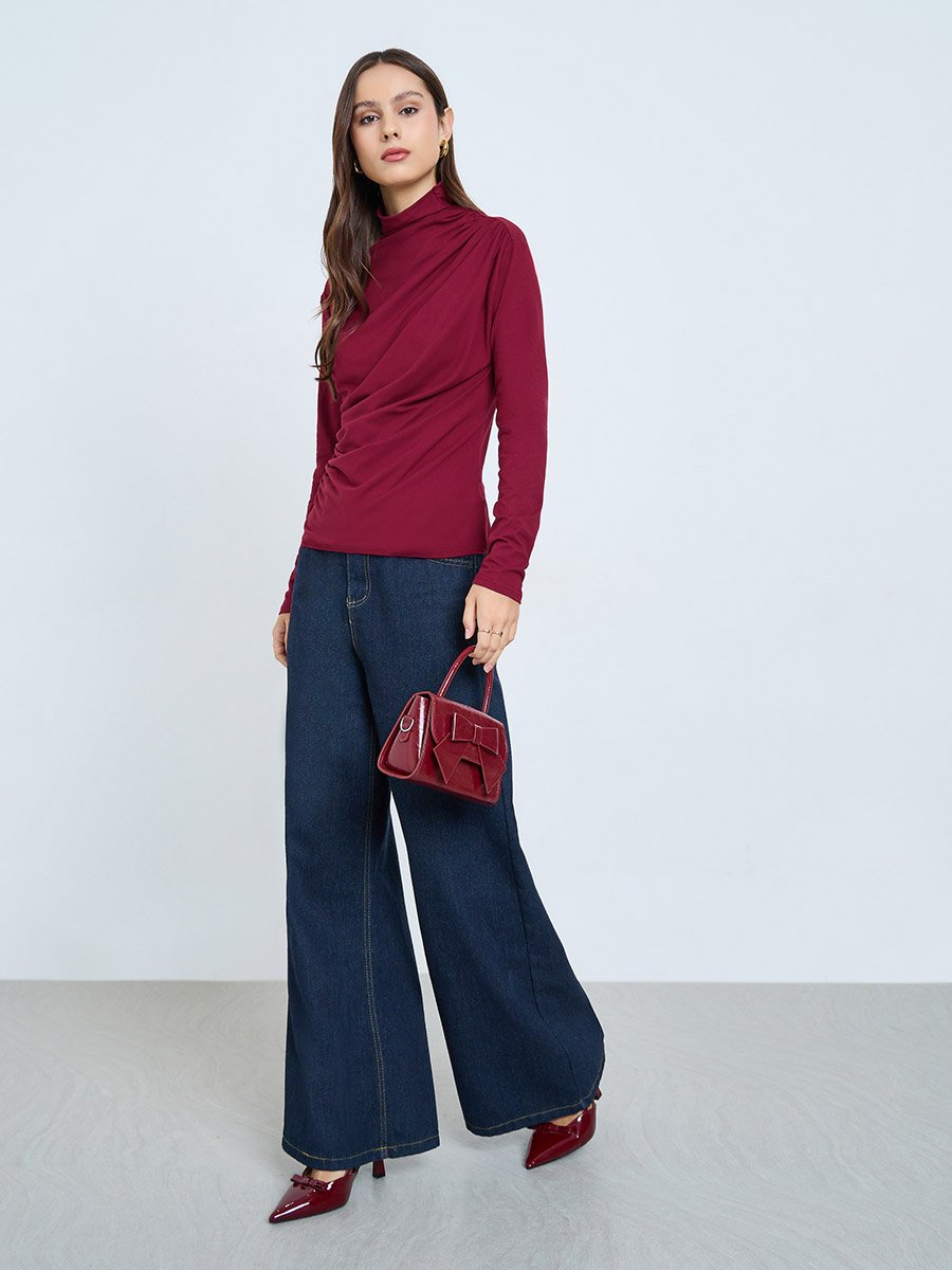 Burgundy Long Sleeve Ruching Detail Top