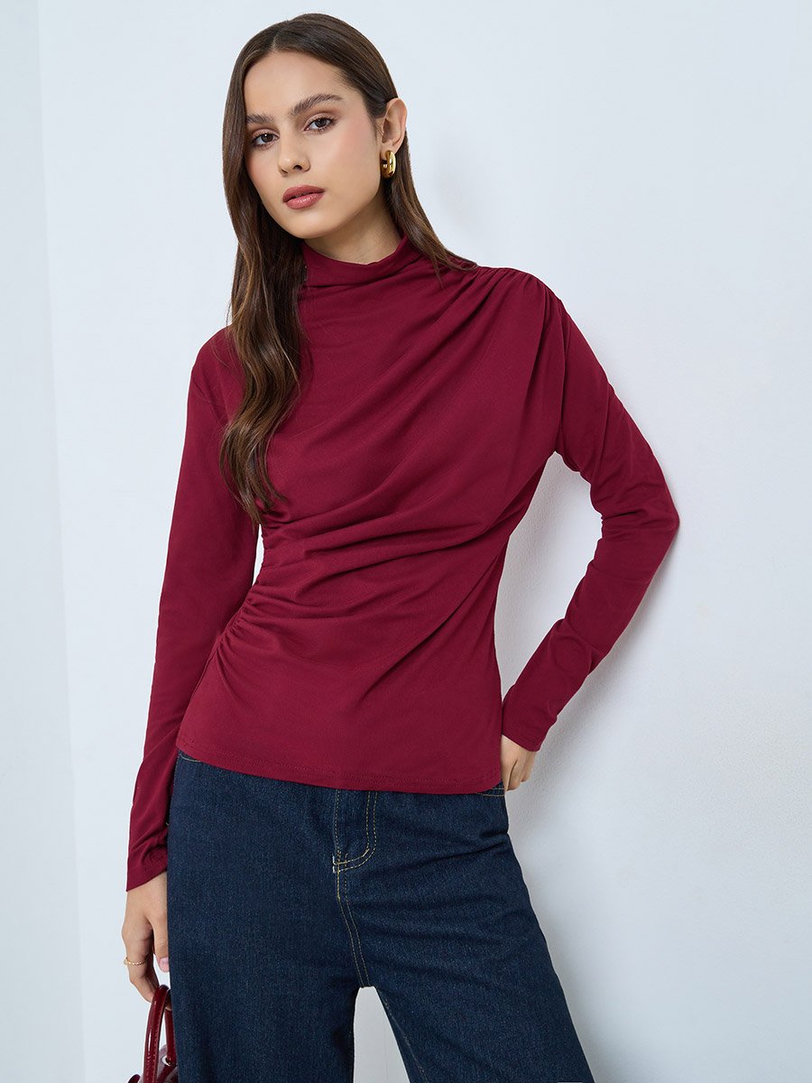 Burgundy Long Sleeve Ruching Detail Top