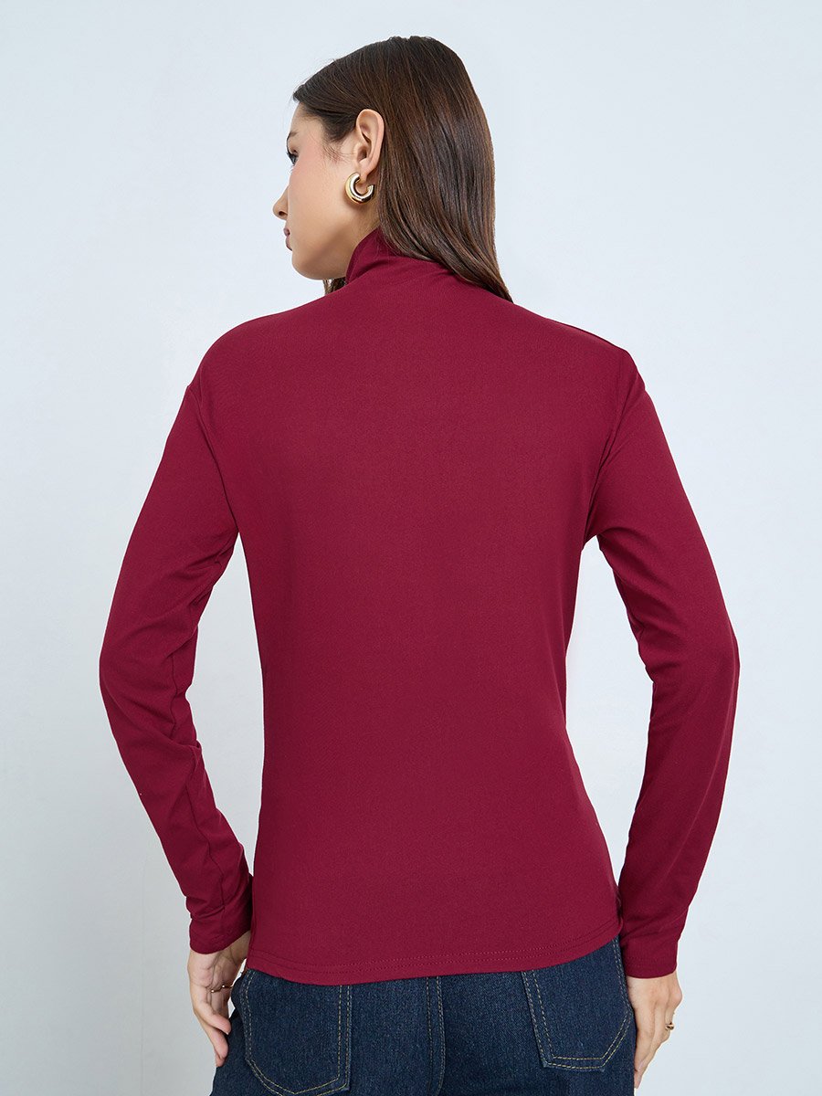 Burgundy Long Sleeve Ruching Detail Top