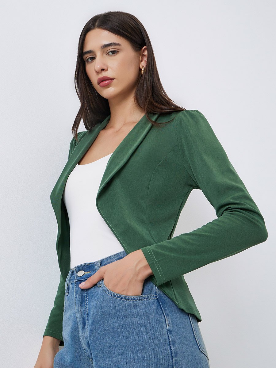 Green Solid Puff Sleeve Blazer