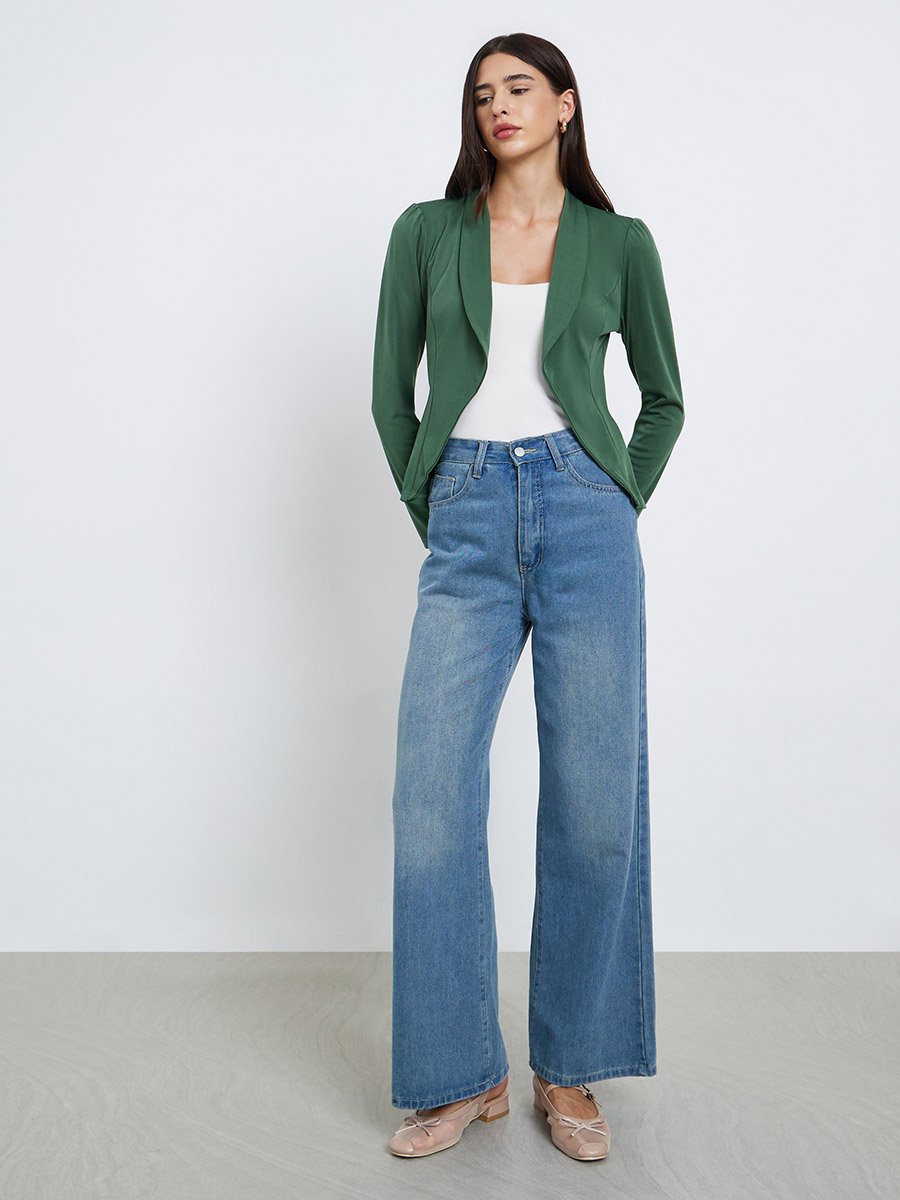 Green Solid Puff Sleeve Blazer