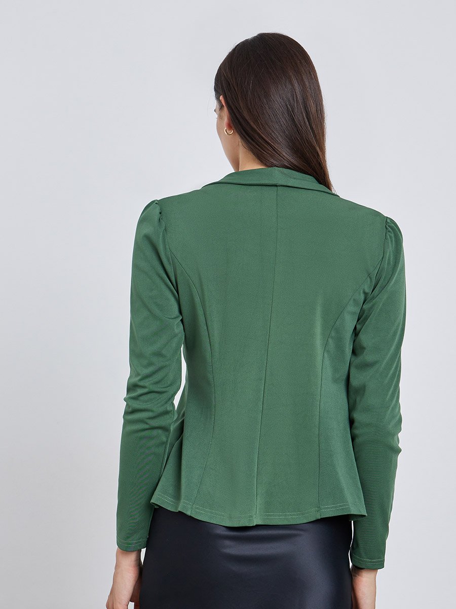 Green Solid Puff Sleeve Blazer