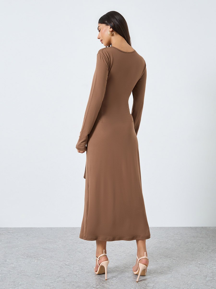 Brown Knot Front Midi Dress