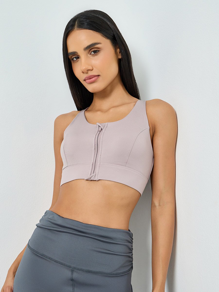 Pink Front Zip-Up Cross Back Sports Bra - High Support