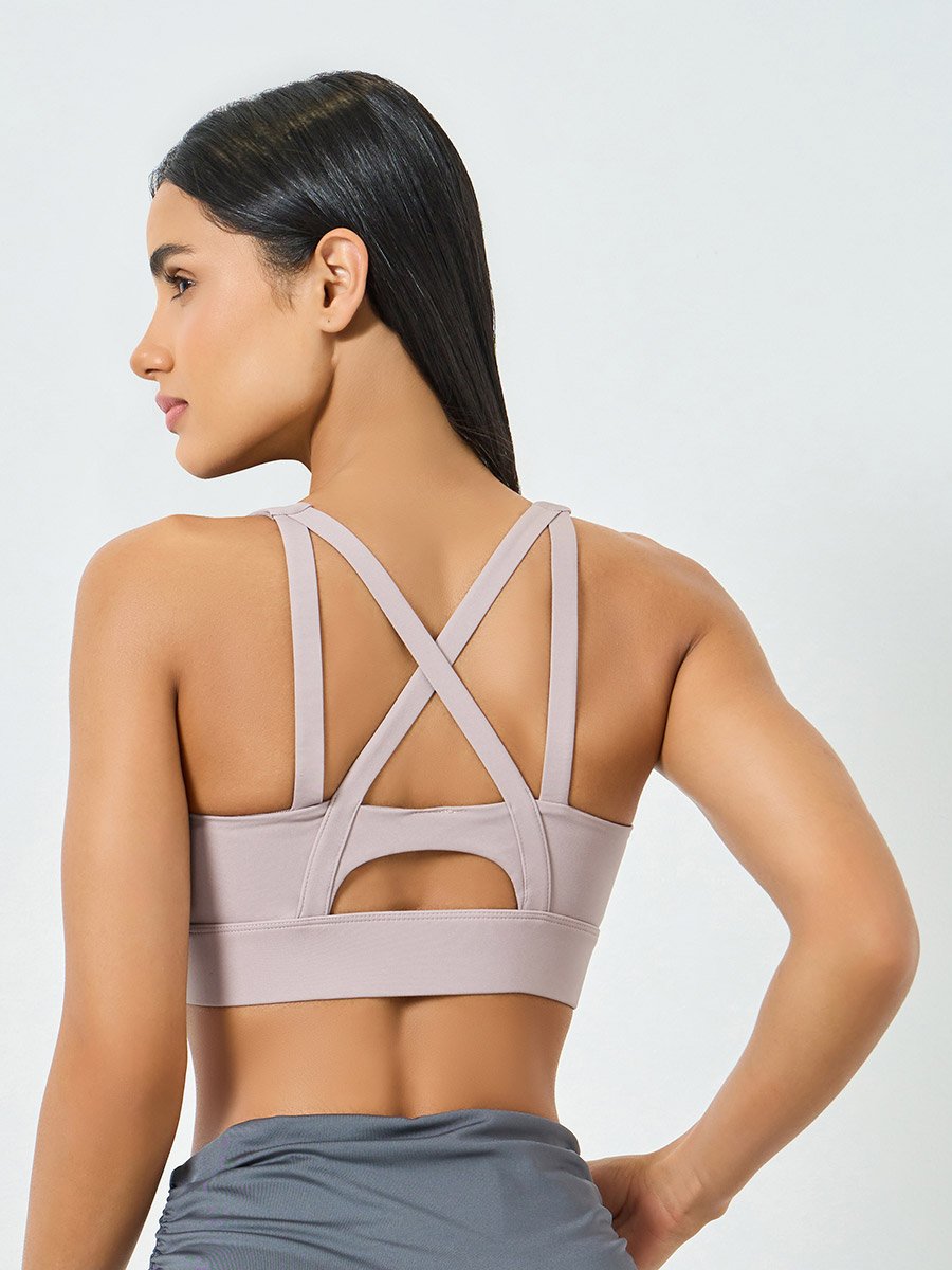 Pink Front Zip-Up Cross Back Sports Bra - High Support