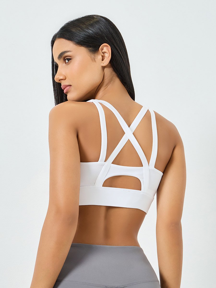 White Front Zip-Up Cross Back Sports Bra - High Support