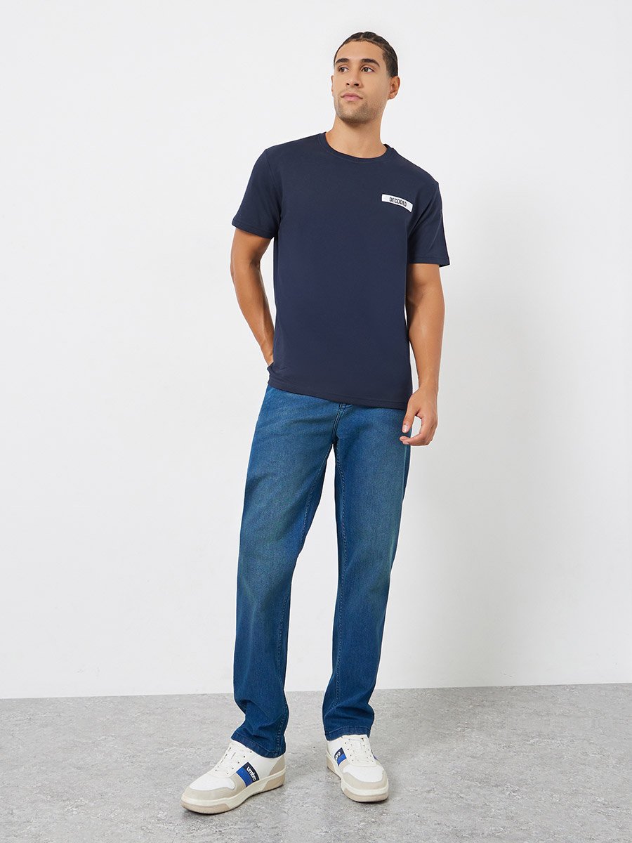 Men Navy Blue Slogan Regular Fit T-Shirt 