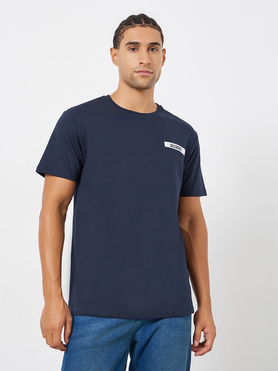 Men Navy Blue Slogan Regular Fit T-Shirt 