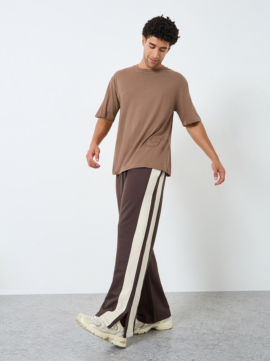 Men Brown Embroidered Oversized T-Shirt
